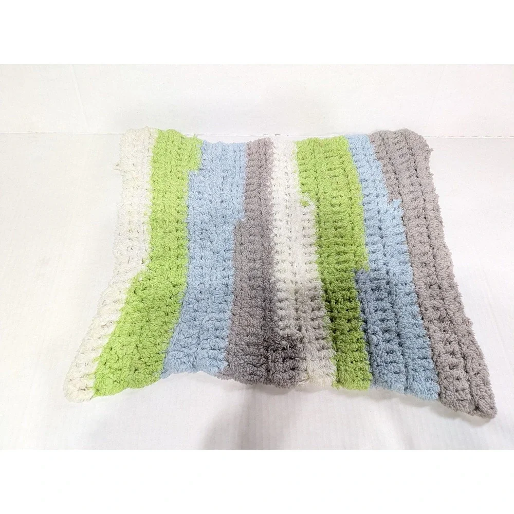 Baby Boy Blanket & Lovey Blue Green Elephant Satin Taggie Ribbon Crochet Striped
